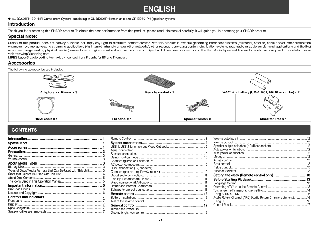 Sharp XL-BD601PH operation manual English 