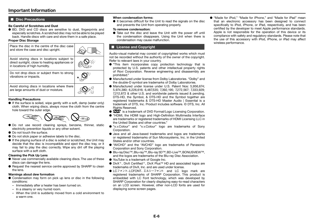 Sharp XL-BD601PH operation manual Important Information, Disc Precautions, License and Copyright 