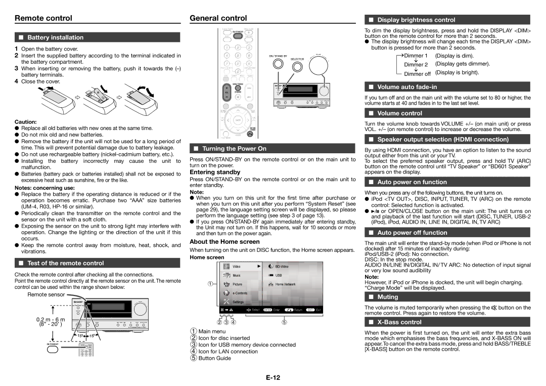 Sharp XL-BD601PH operation manual Remote control General control 