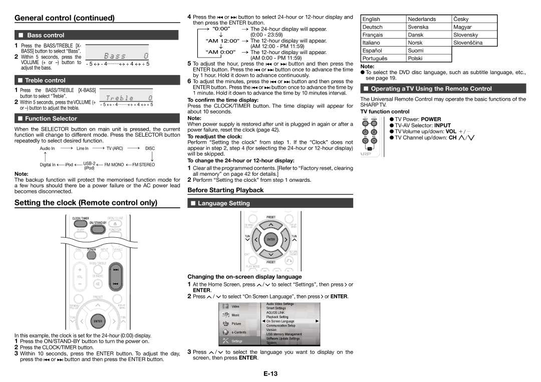 Sharp XL-BD601PH Setting the clock Remote control only, Treble control, Function Selector, Language Setting 