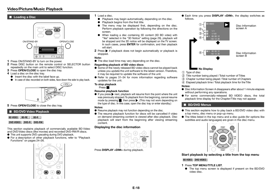 Sharp XL-BD601PH operation manual Video/Picture/Music Playback, Loading a Disc, BD/DVD Video Playback, BD/DVD Menus 