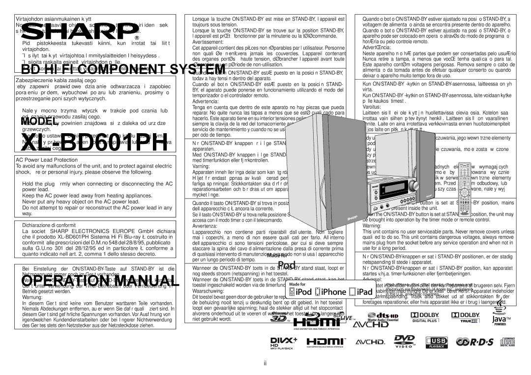 Sharp XL-BD601PH Virtajohdon asianmukainen käyttö, Zabezpieczenie kabla zasilającego, AC Power Lead Protection, Warnung 