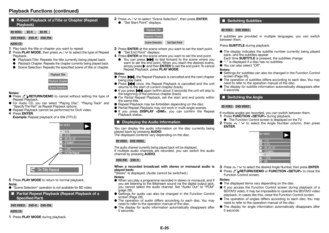 Sharp XL-BD601PH operation manual Repeat Playback of aTitle or Chapter Repeat Playback, Displaying the Audio Information 