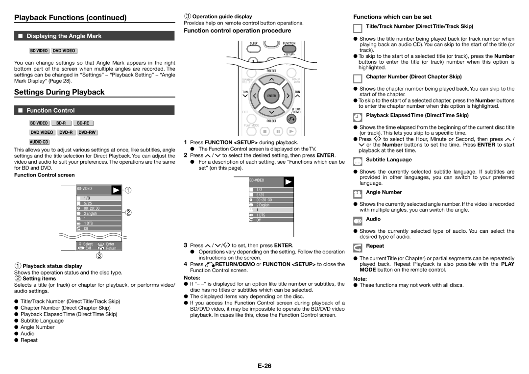 Sharp XL-BD601PH Settings During Playback, Displaying the Angle Mark, Function Control, Functions which can be set 