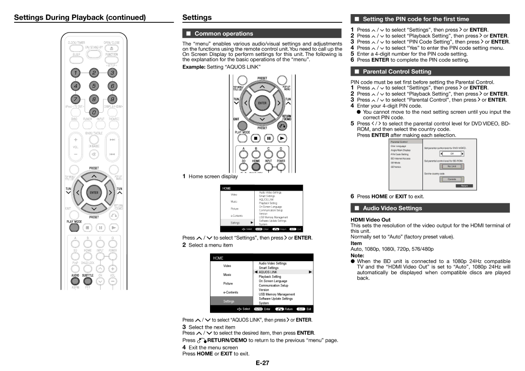 Sharp XL-BD601PH operation manual Common operations, Setting the PIN code for the first time, Parental Control Setting 