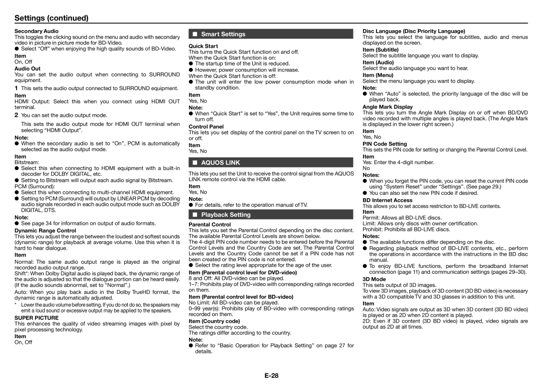 Sharp XL-BD601PH operation manual Smart Settings, Playback Setting, Super Picture 