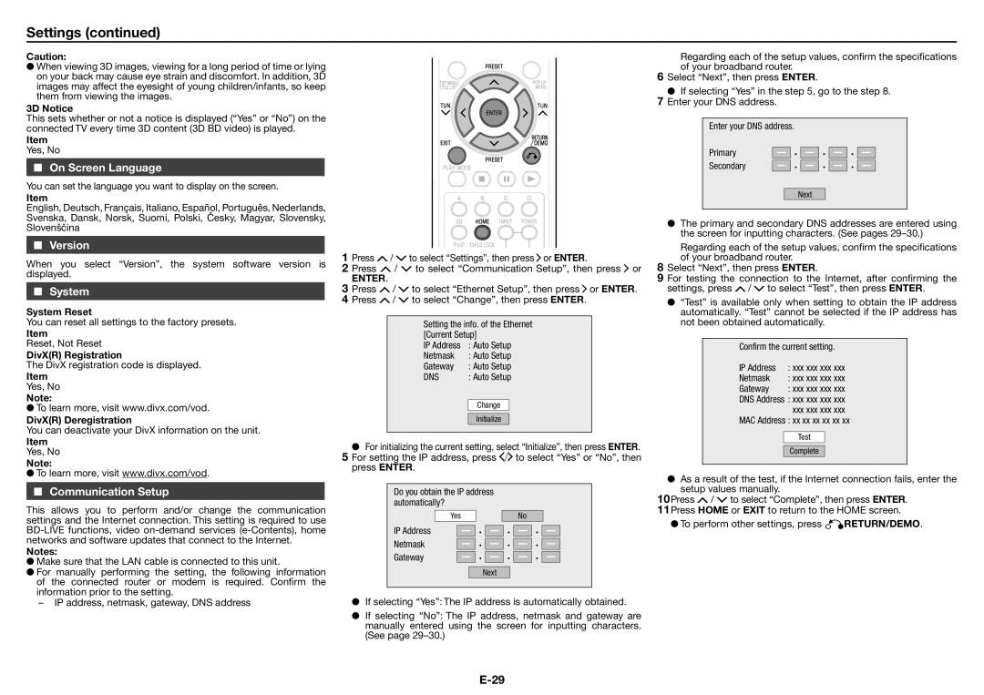 Sharp XL-BD601PH operation manual On Screen Language, Version, System, Communication Setup 