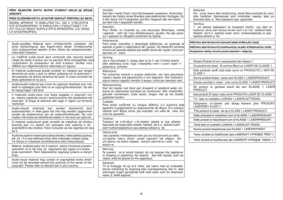 Sharp XL-BD601PH operation manual Vorsicht, Attenzione, Cuidado 