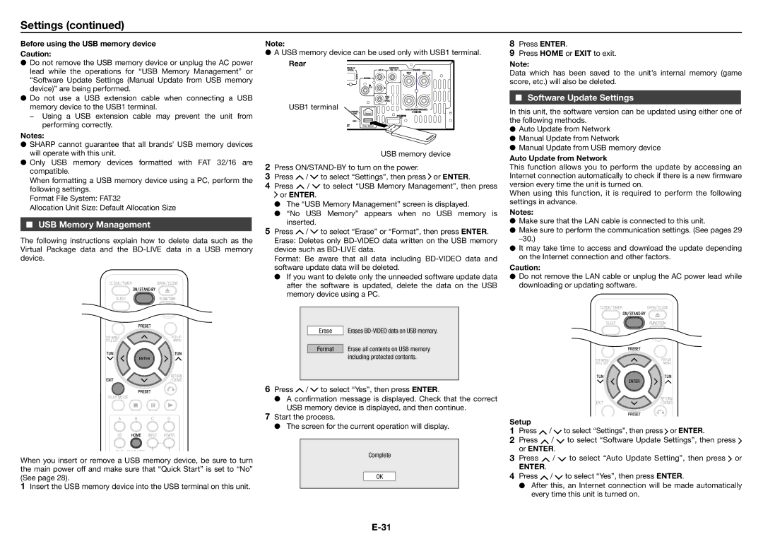 Sharp XL-BD601PH USB Memory Management, Software Update Settings, Before using the USB memory device, Setup 