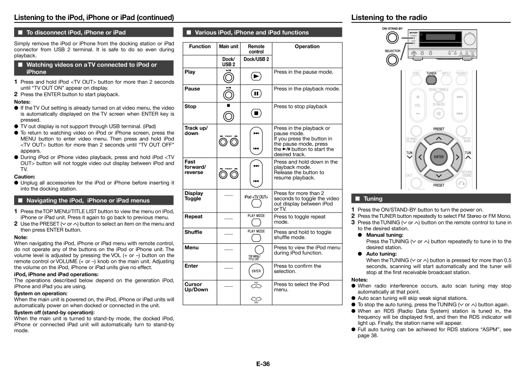 Sharp XL-BD601PH To disconnect iPod, iPhone or iPad, Watching videos on aTV connected to iPod or iPhone, Tuning 