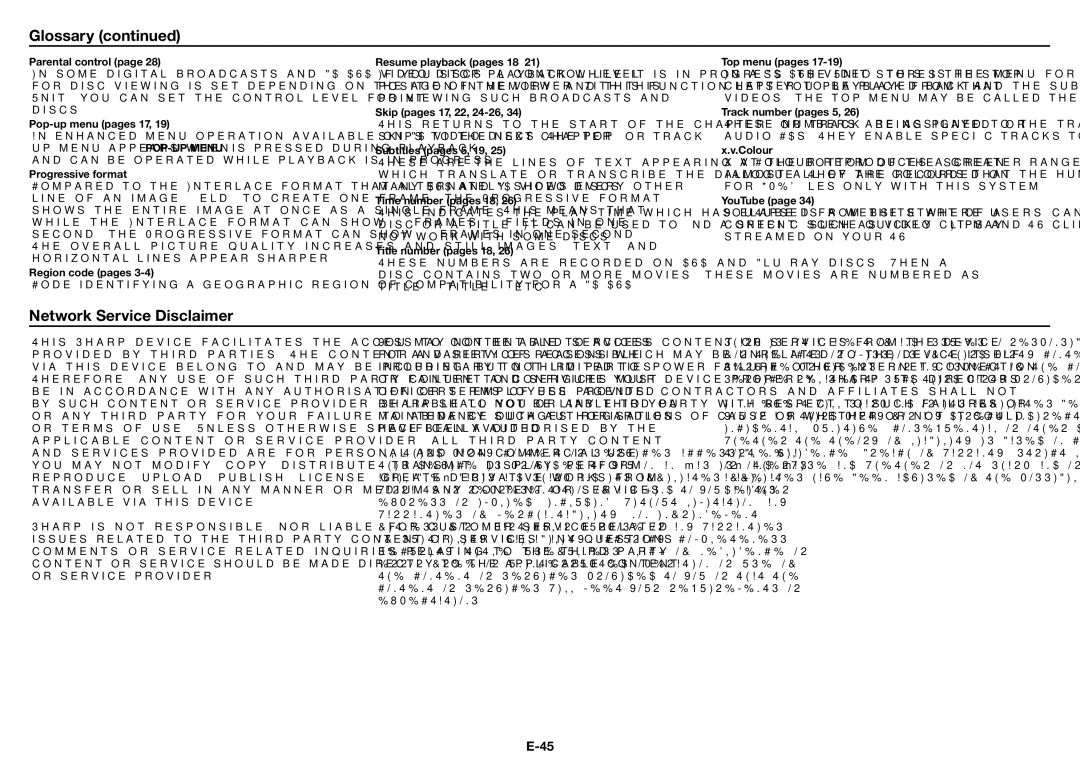 Sharp XL-BD601PH operation manual Network Service Disclaimer 