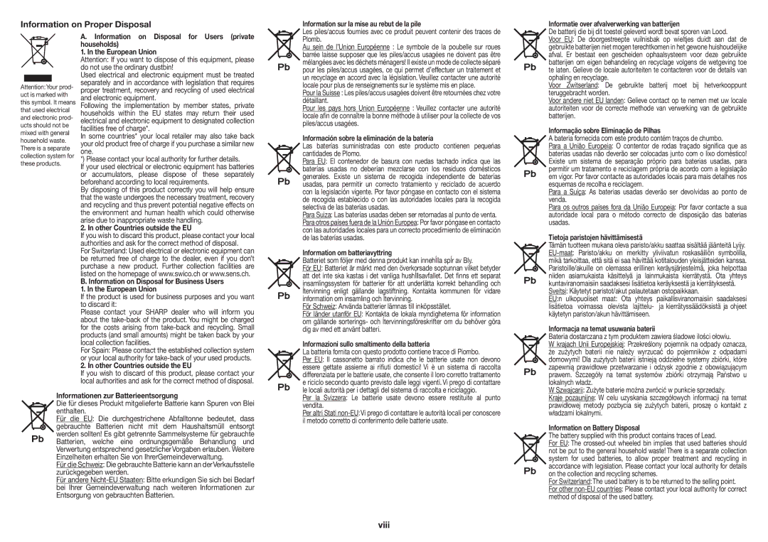 Sharp XL-BD601PH operation manual Other Countries outside the EU, Información sobre la eliminación de la batería 