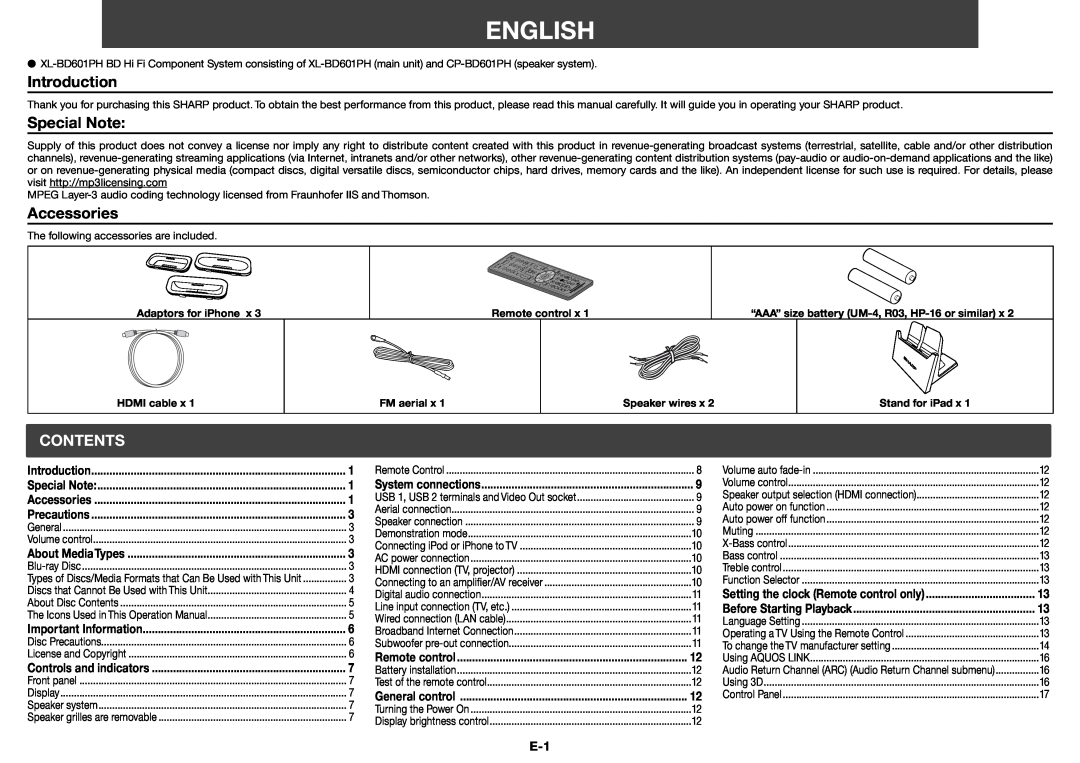Sharp XL-BD601PH operation manual Introduction, Special Note, Accessories, English, Contents 