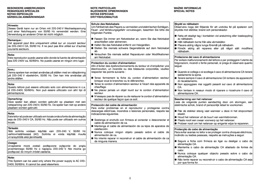 Sharp XL-BD601PH operation manual Besondere Anmerkungen Remarques Spéciales 