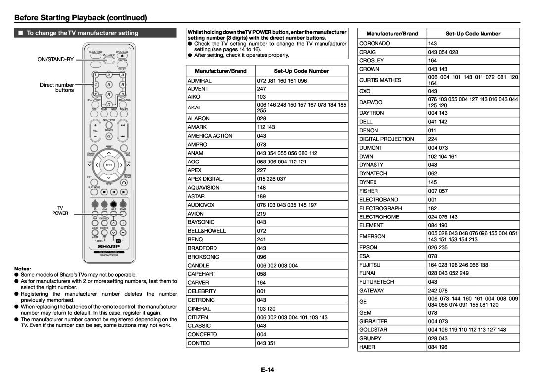 Sharp XL-BD601PH operation manual Before Starting Playback continued, To change theTV manufacturer setting, E-14 