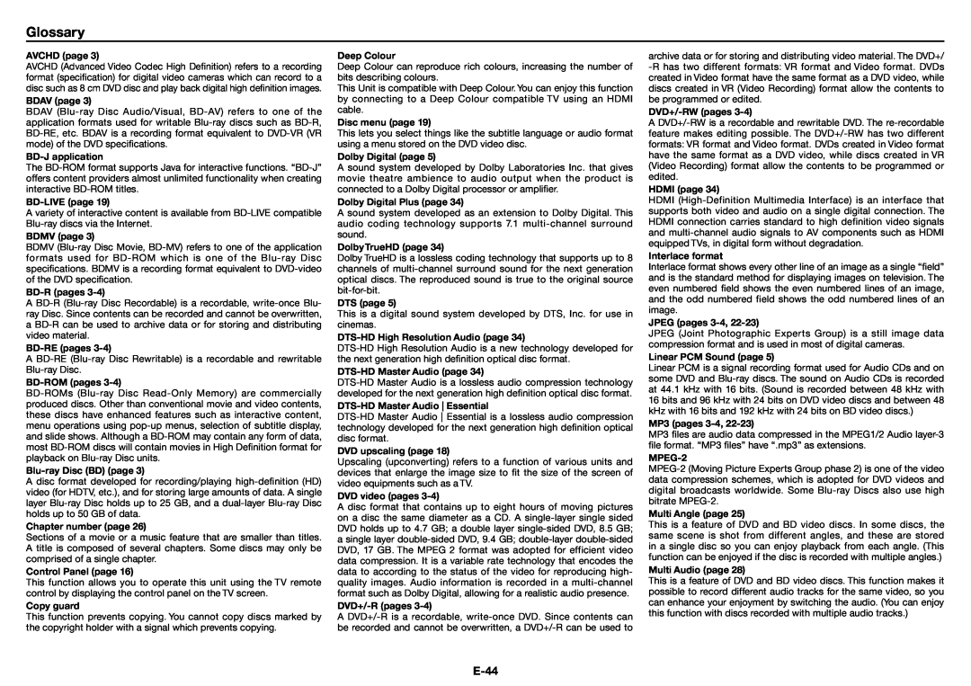 Sharp XL-BD601PH operation manual Glossary, E-44 