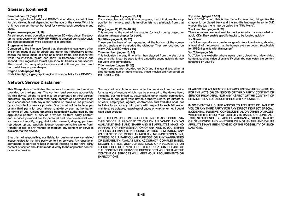 Sharp XL-BD601PH operation manual Glossary continued, Network Service Disclaimer, E-45 