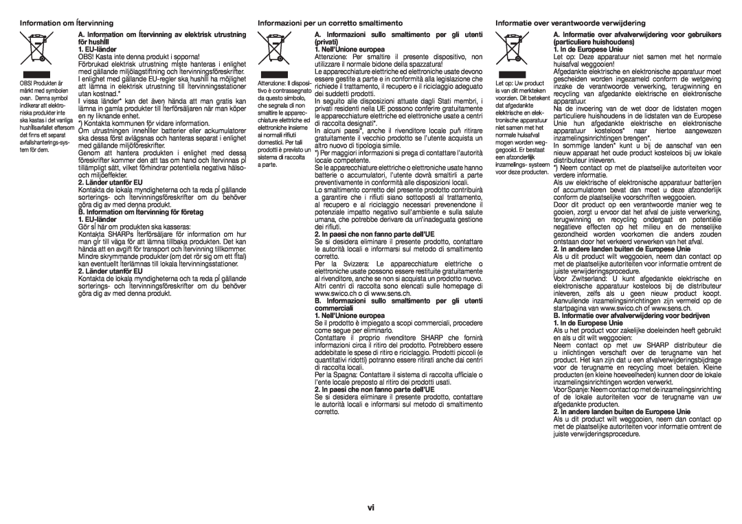 Sharp XL-BD601PH operation manual Information om ĺtervinning 