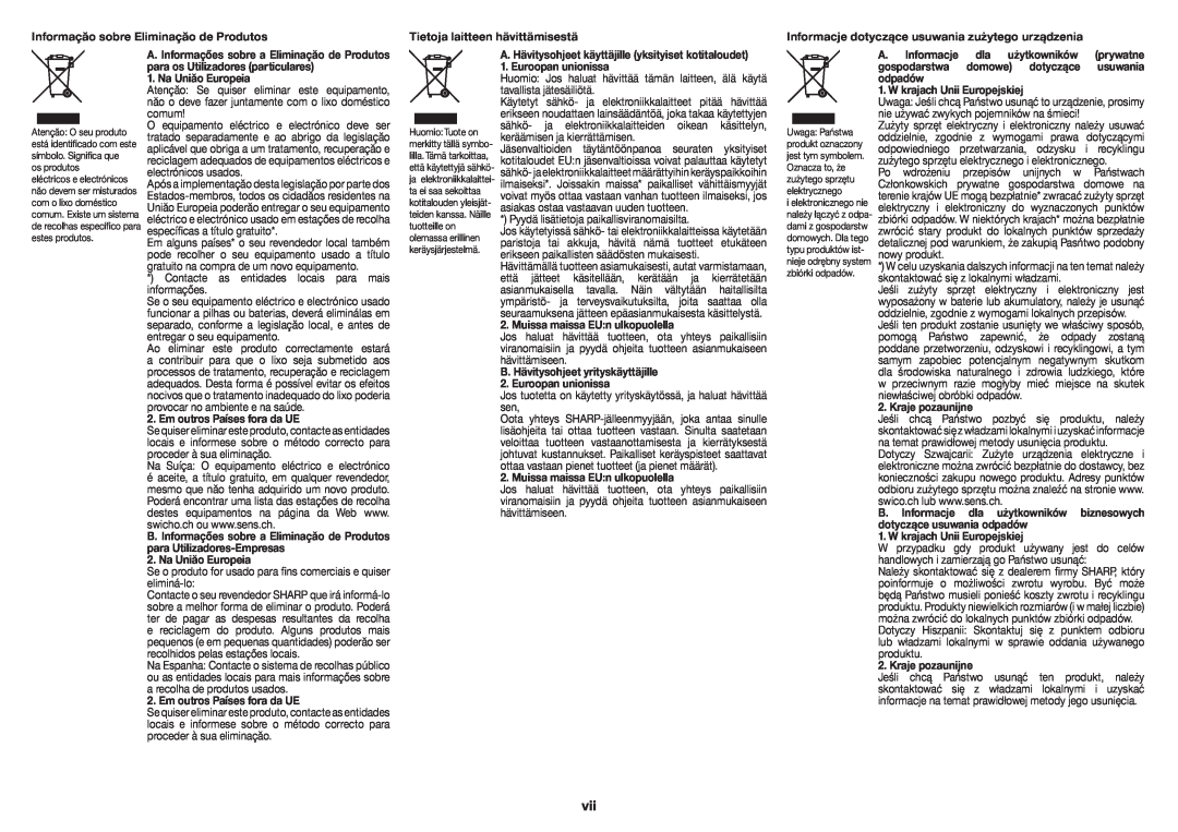 Sharp XL-BD601PH operation manual Informaçăo sobre Eliminaçăo de Produtos 