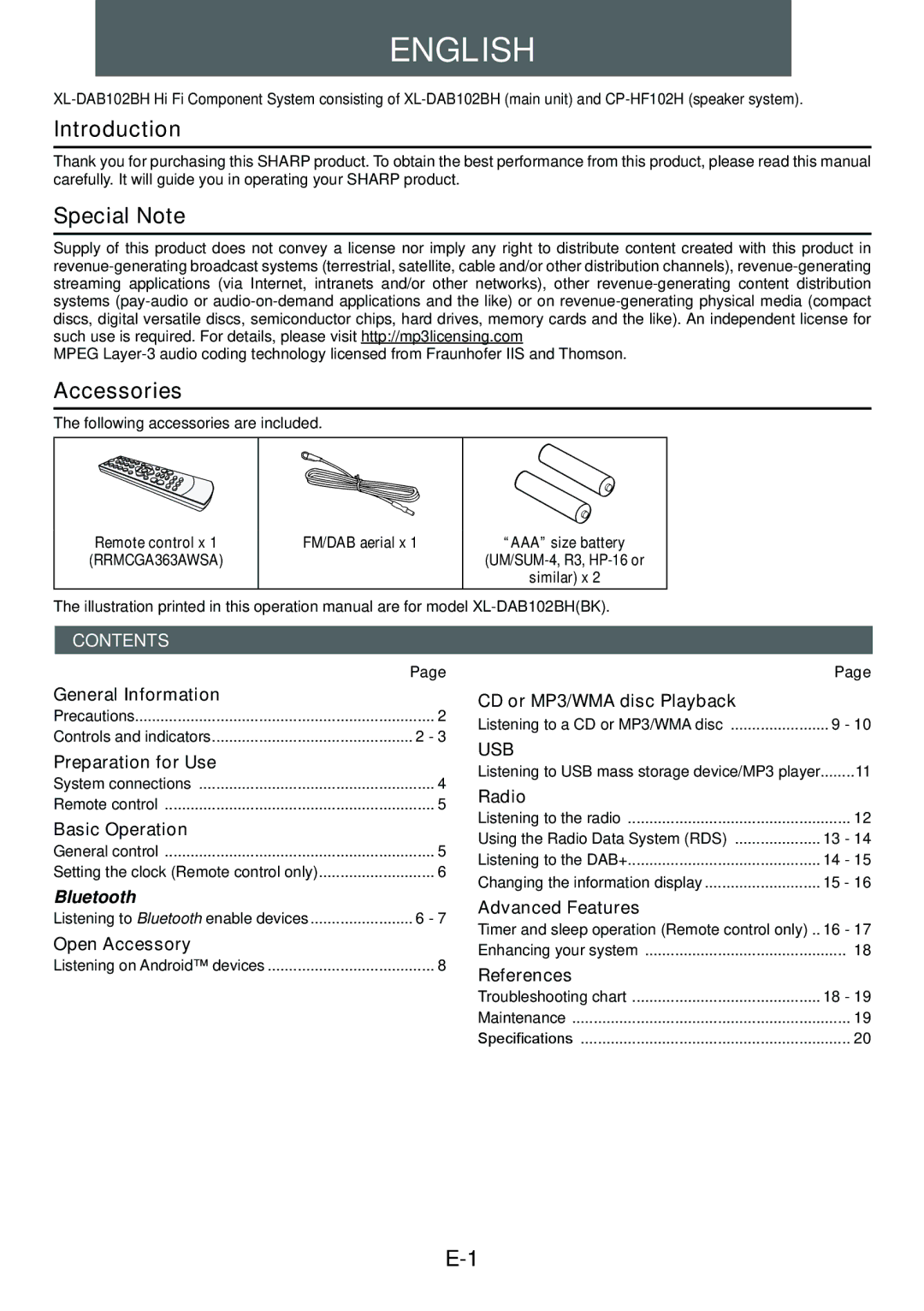 Sharp XL-DAB102DH operation manual Introduction, Special Note, Accessories 