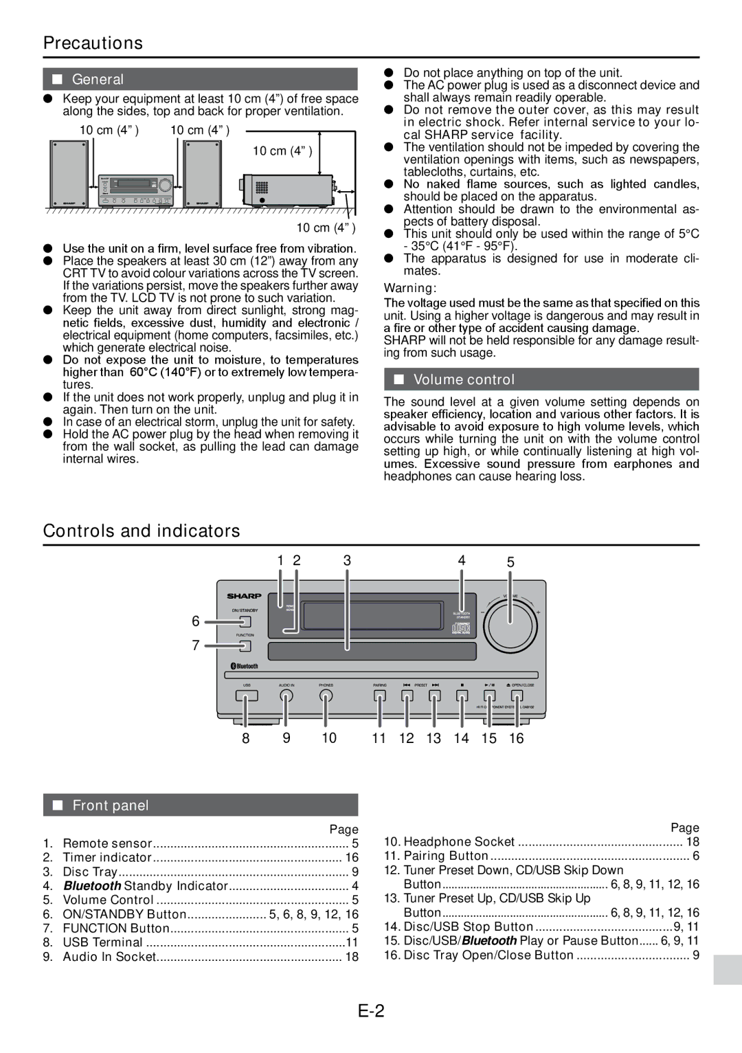 Sharp XL-DAB102DH operation manual Precautions, Controls and indicators, General, Volume control, Front panel 