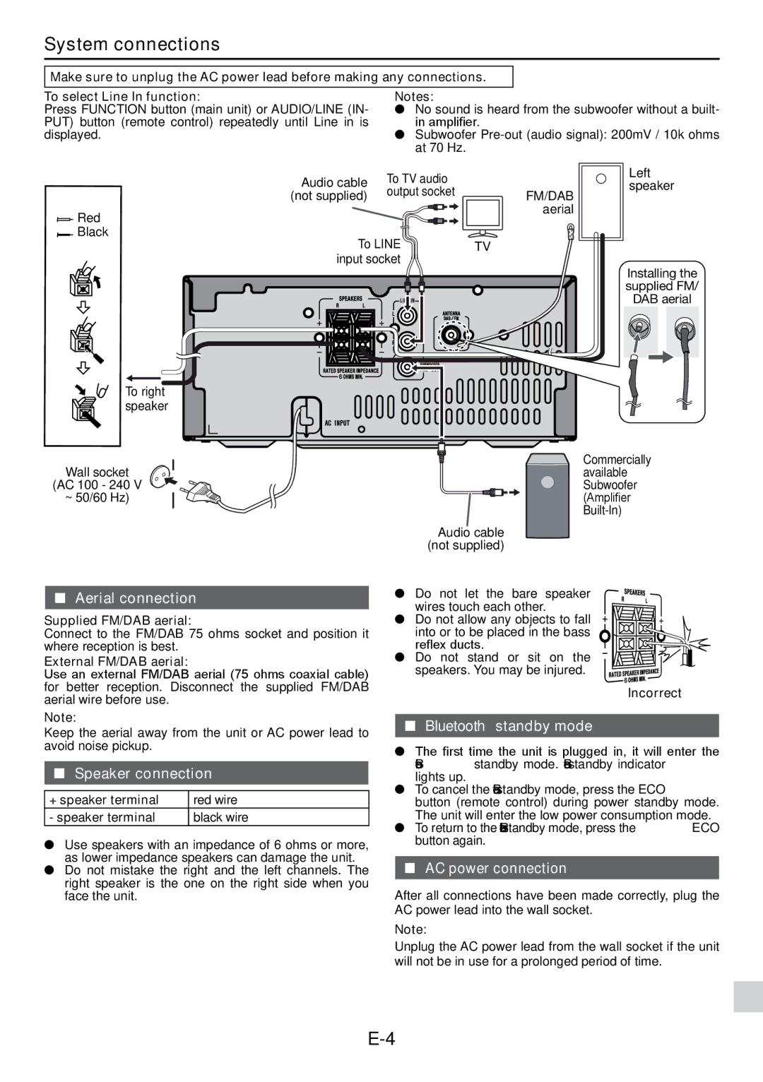 Sharp XL-DAB102DH operation manual System connections, Aerial connection, Speaker connection, AC power connection 