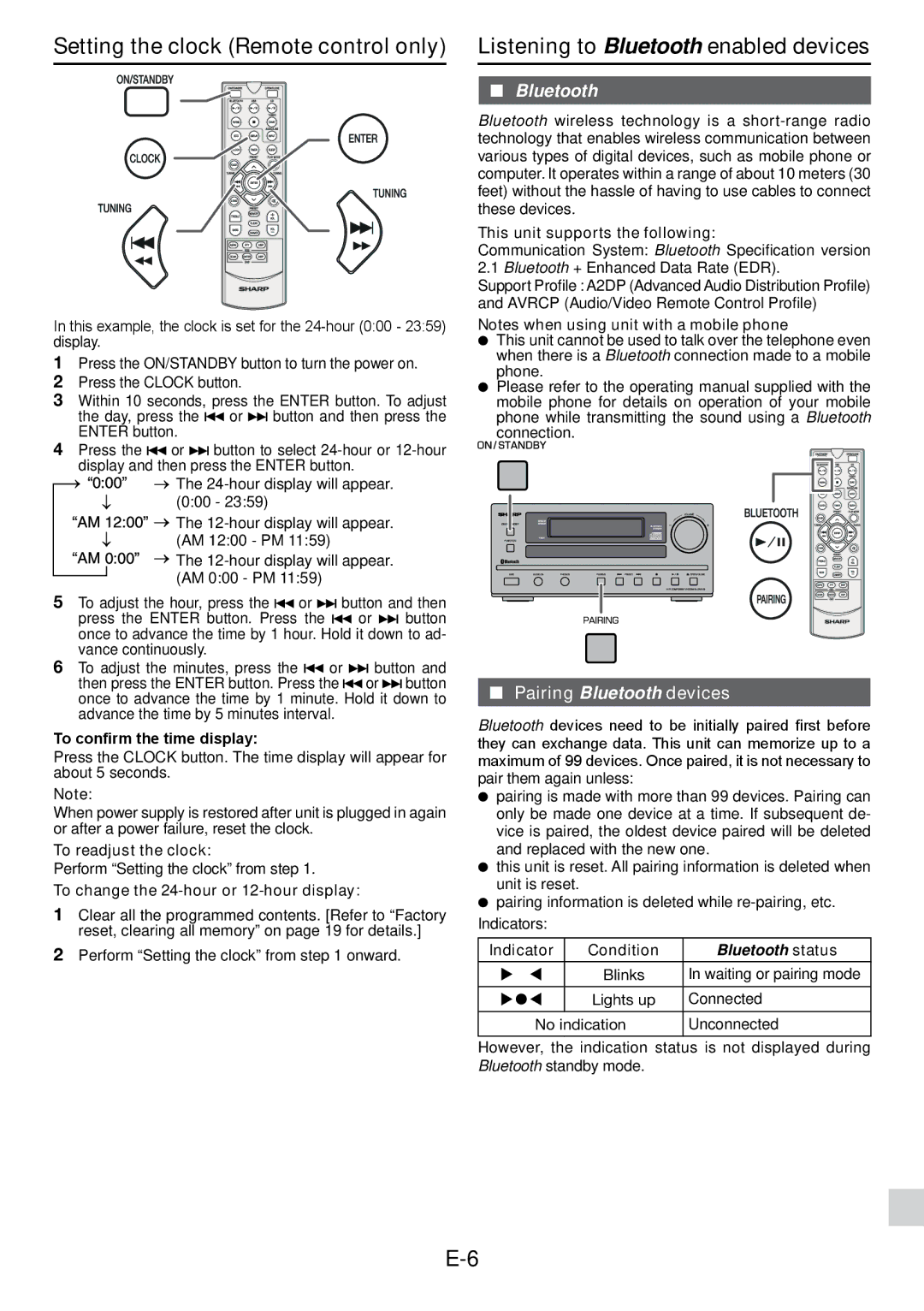 Sharp XL-DAB102DH Setting the clock Remote control only, Listening to Bluetooth enabled devices, Pairing Bluetooth devices 