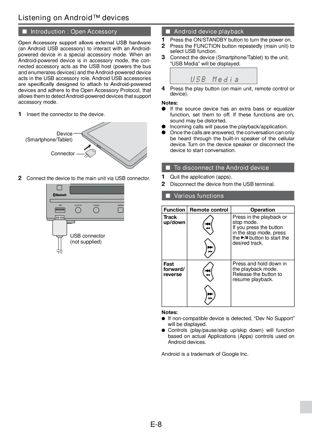 Sharp XL-DAB102DH Listening on Android devices, Introduction Open Accessory, Android device playback, Various functions 