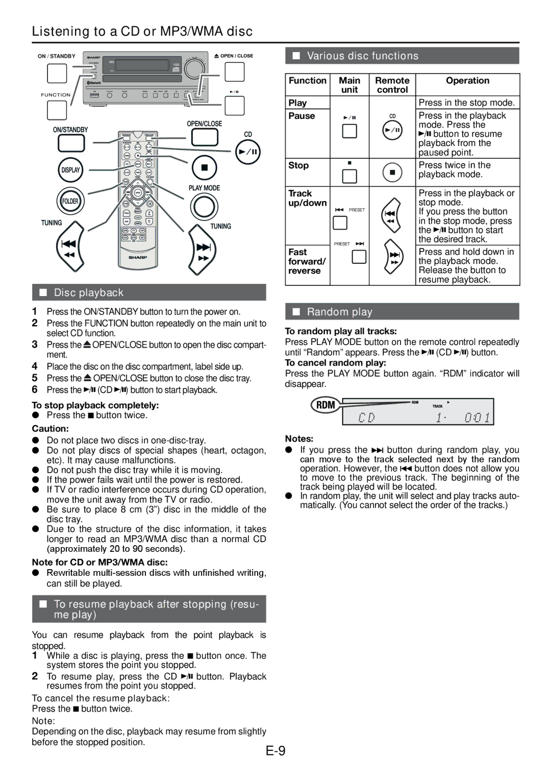 Sharp XL-DAB102DH operation manual Listening to a CD or MP3/WMA disc, Disc playback, Random play 