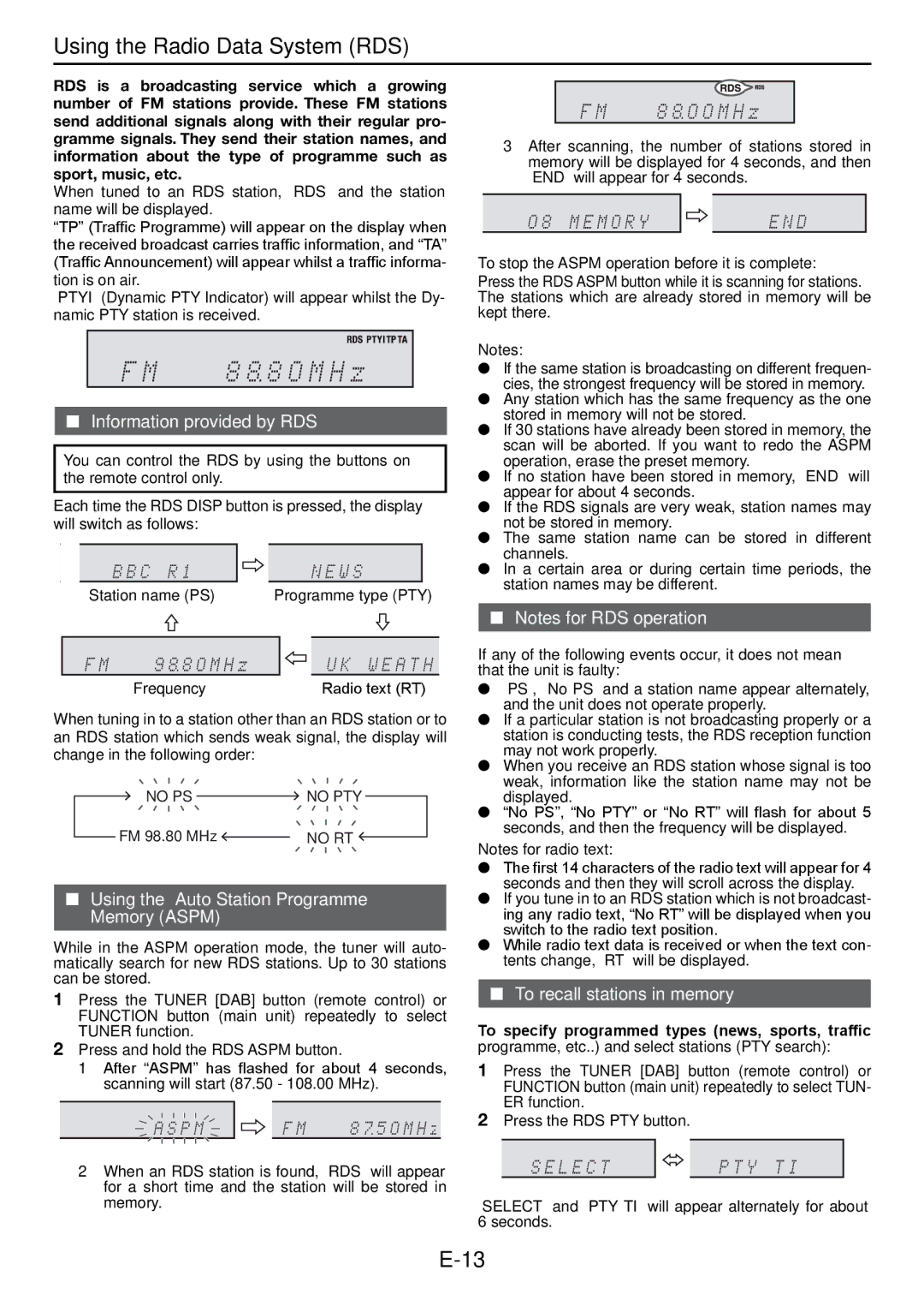 Sharp XL-DAB102DH Using the Radio Data System RDS, Information provided by RDS, To recall stations in memory 