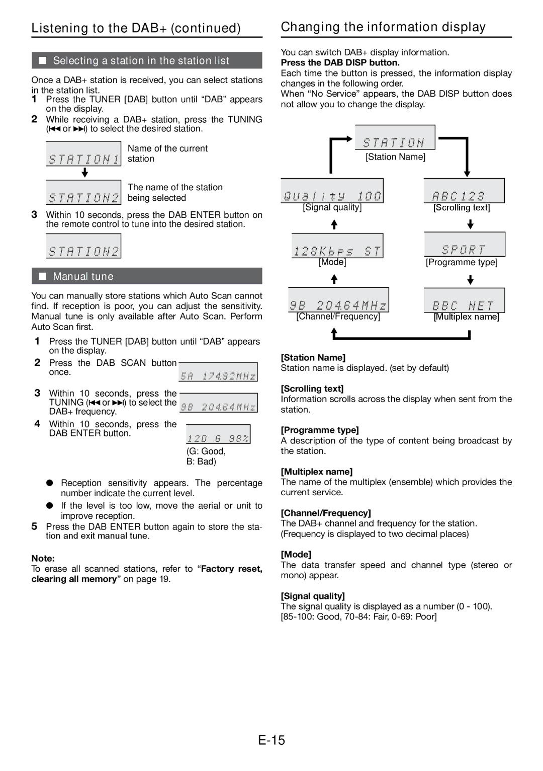 Sharp XL-DAB102DH operation manual Changing the information display, Selecting a station in the station list, Manual tune 