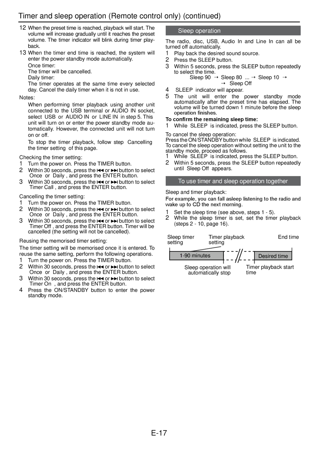 Sharp XL-DAB102DH operation manual Sleep operation, To use timer and sleep operation together 