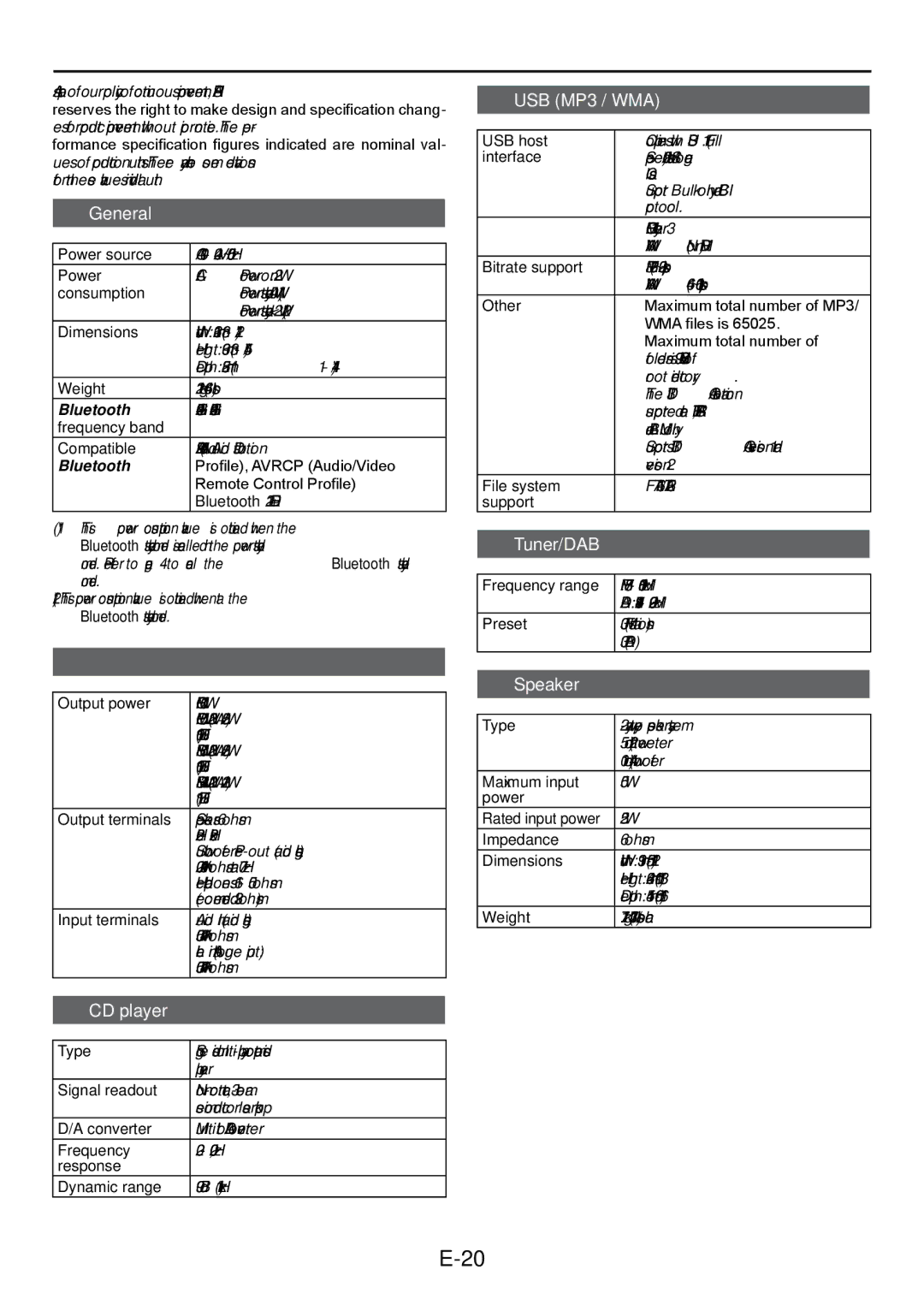 Sharp XL-DAB102DH operation manual Specifications, Amplifier, USB MP3 / WMA, Tuner/DAB, Speaker 