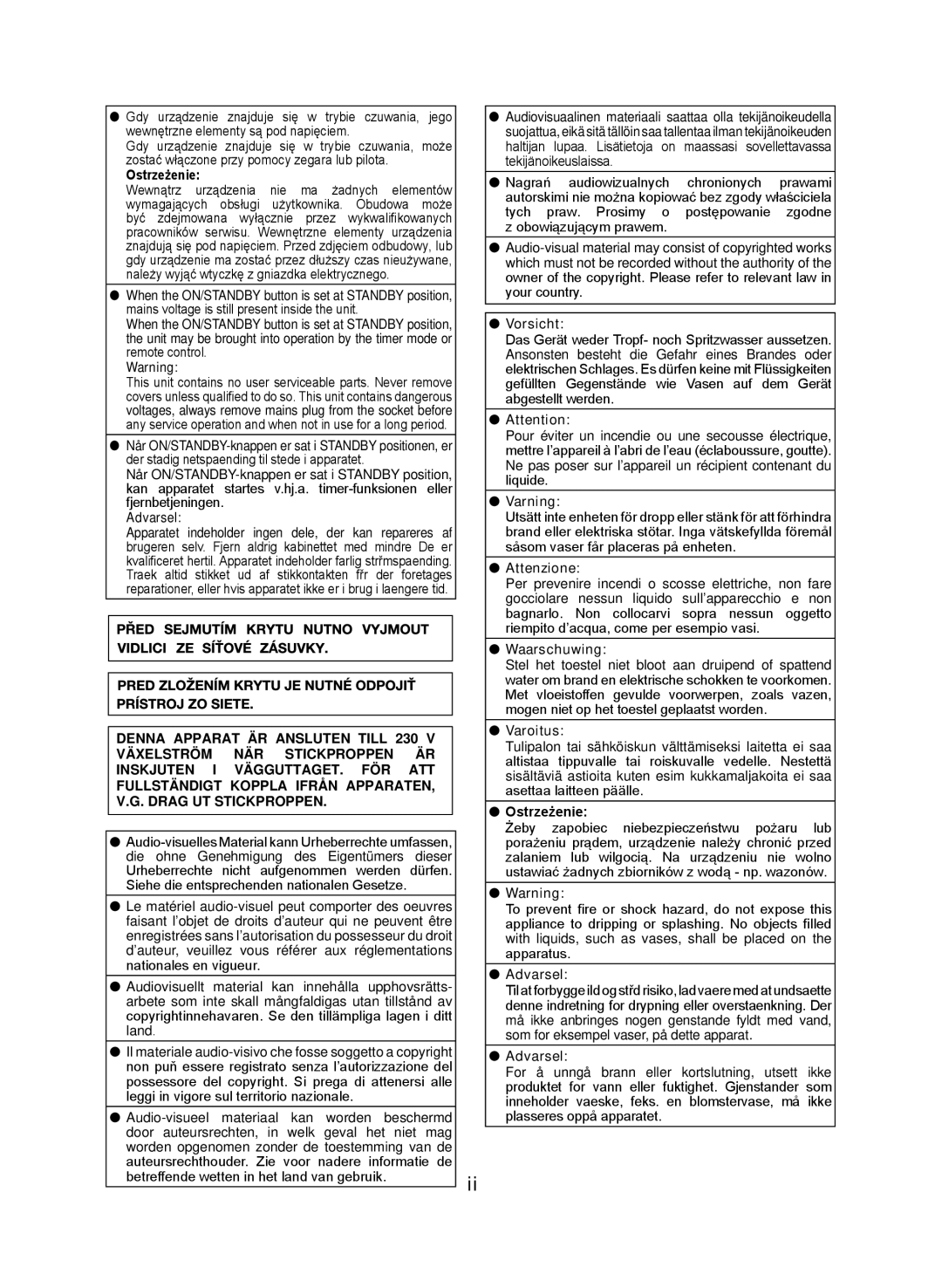 Sharp XL-DAB102DH operation manual Ostrzeżenie, Vorsicht, Attenzione 