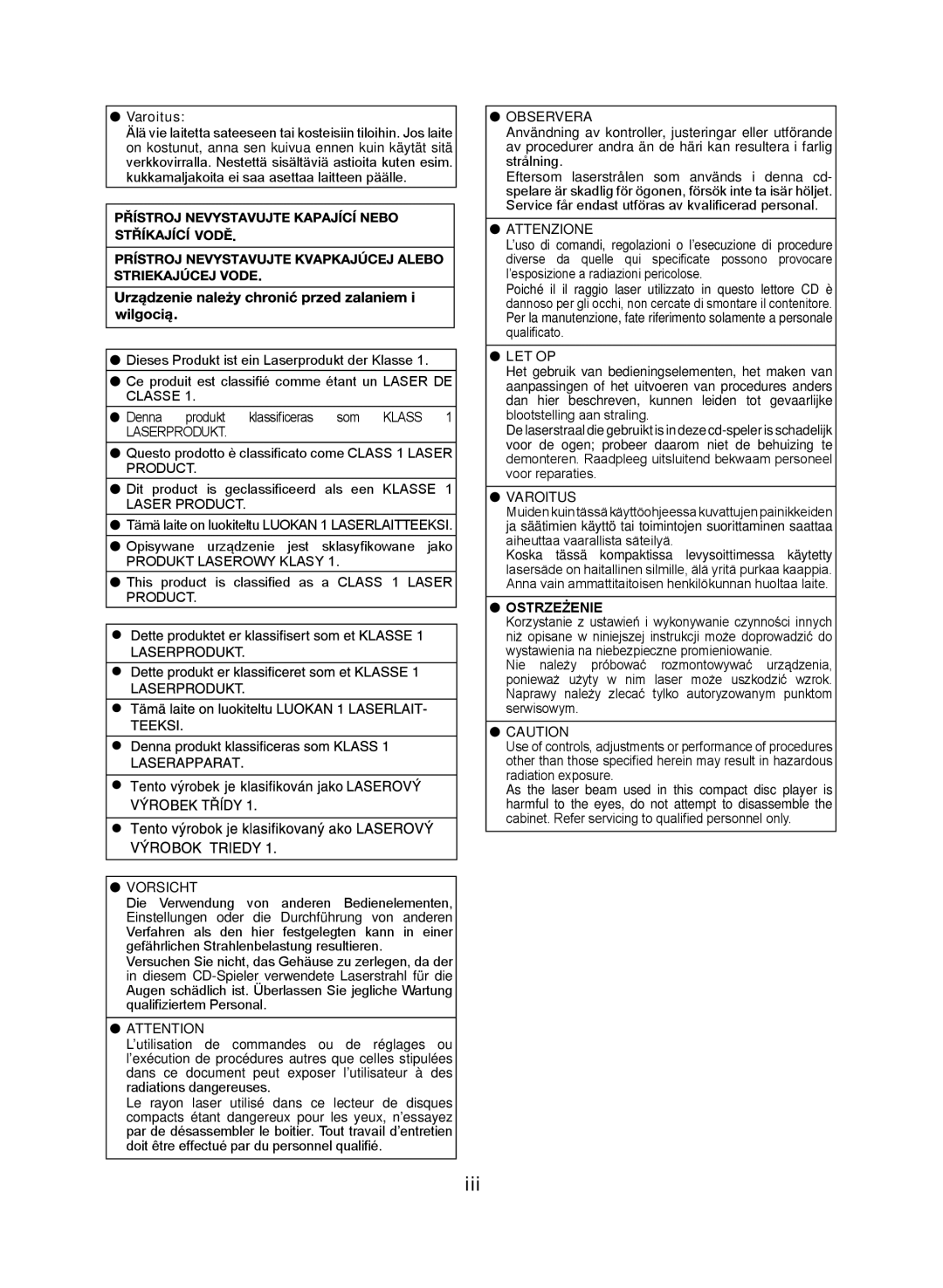 Sharp XL-DAB102DH operation manual Iii, This product is classified as a Class 1 Laser Product 