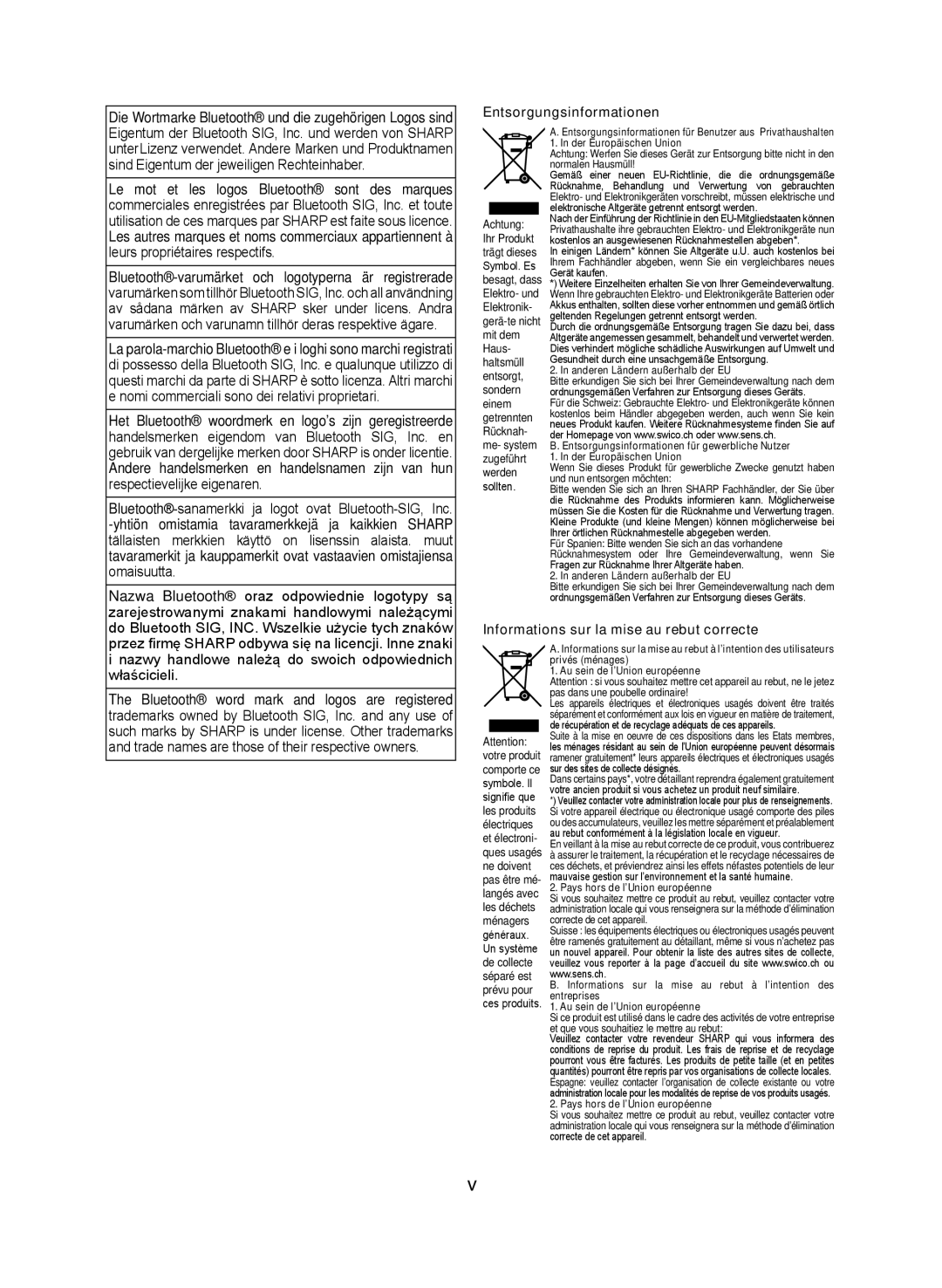 Sharp XL-DAB102DH operation manual Die Wortmarke Bluetooth und die zugehörigen Logos sind, Entsorgungsinformationen 