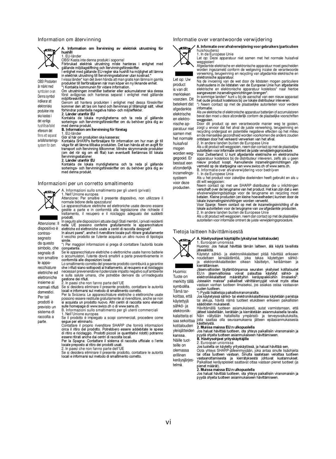 Sharp XL-DAB102DH operation manual Informazioni per un corretto smaltimento, Tietoja laitteen hävittämisestä 