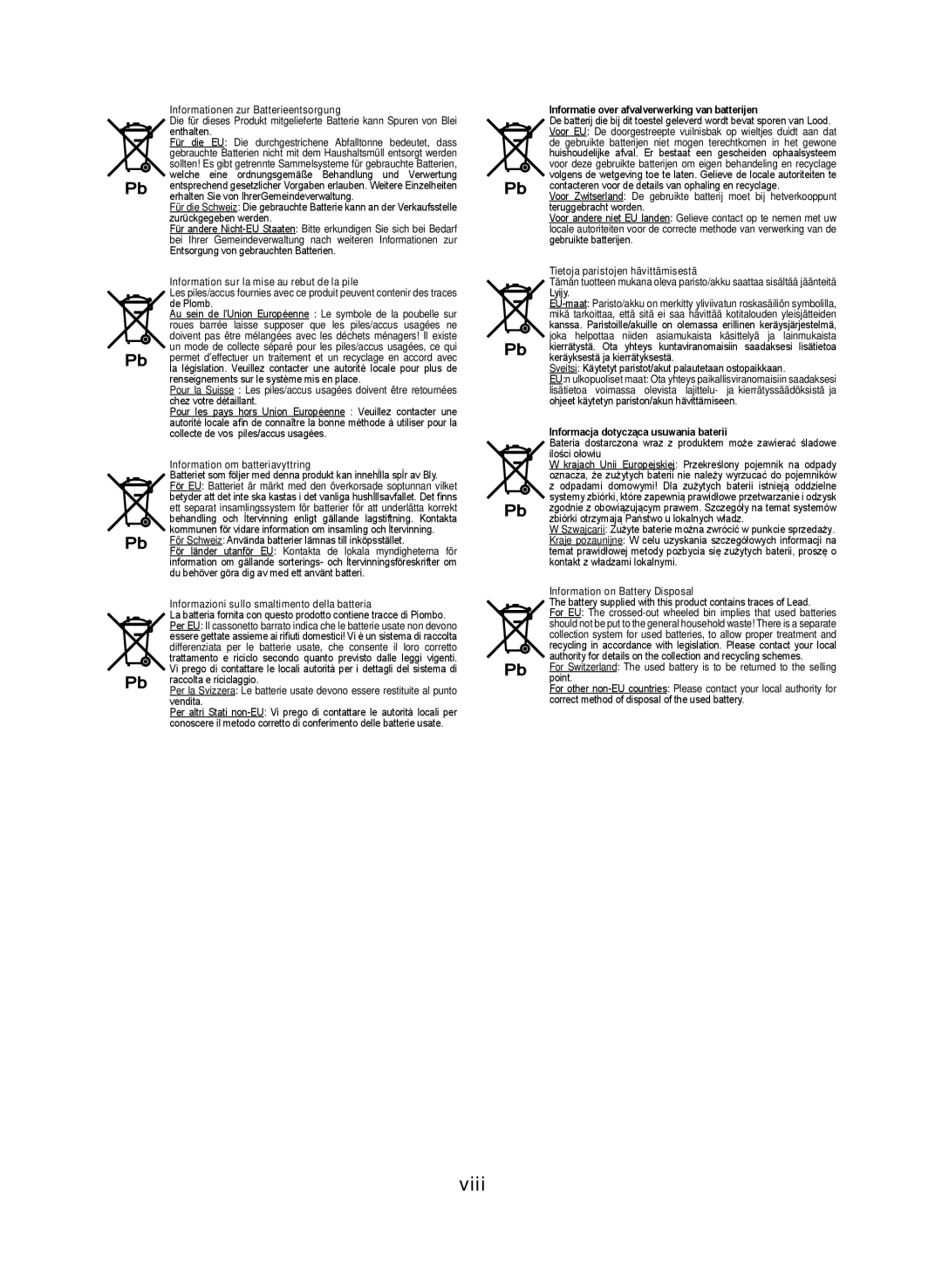 Sharp XL-DAB102DH operation manual Viii, Informationen zur Batterieentsorgung 