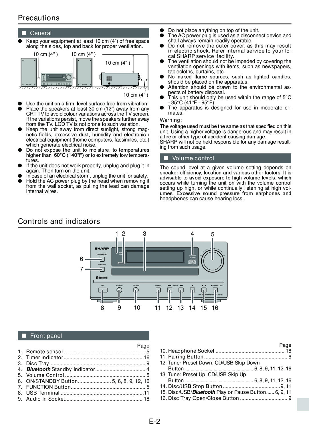 Sharp XL-DAB102DH operation manual Precautions, Controls and indicators, General, Volume control, Front panel, 11 12 13 14 