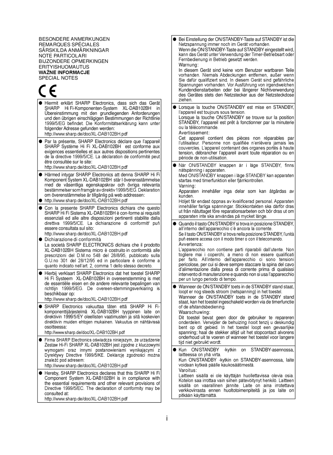Sharp XL-DAB102DH operation manual Besondere Anmerkungen Remarques Spéciales 