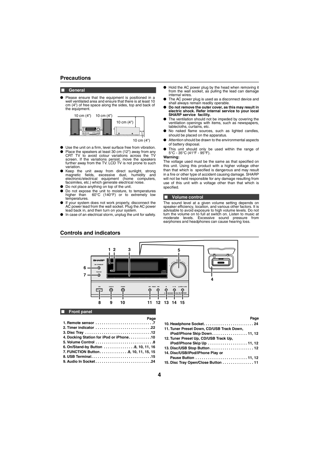 Sharp XL-DAB151PH(S), XL-DAB151PH(BK) Precautions, Controls and indicators, General, Volume control, Front panel 