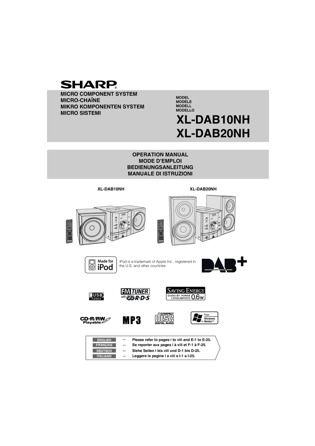 Sharp XL-DAB10NH operation manual Se reporter aux pages i à viii et F-1 à F-25, Siehe Seiten i bis viii und D-1 bis D-25 