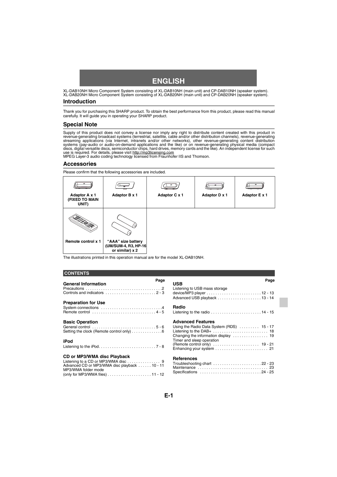 Sharp XL-DAB20NH, XL-DAB10NH operation manual Introduction, Special Note, Accessories 