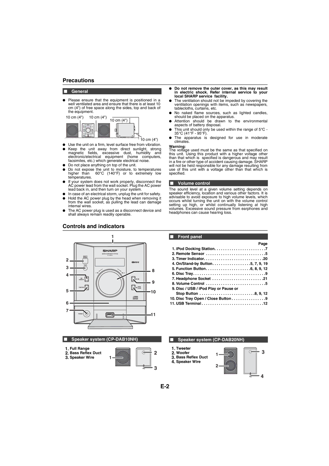 Sharp XL-DAB10NH, XL-DAB20NH operation manual Precautions, Controls and indicators 