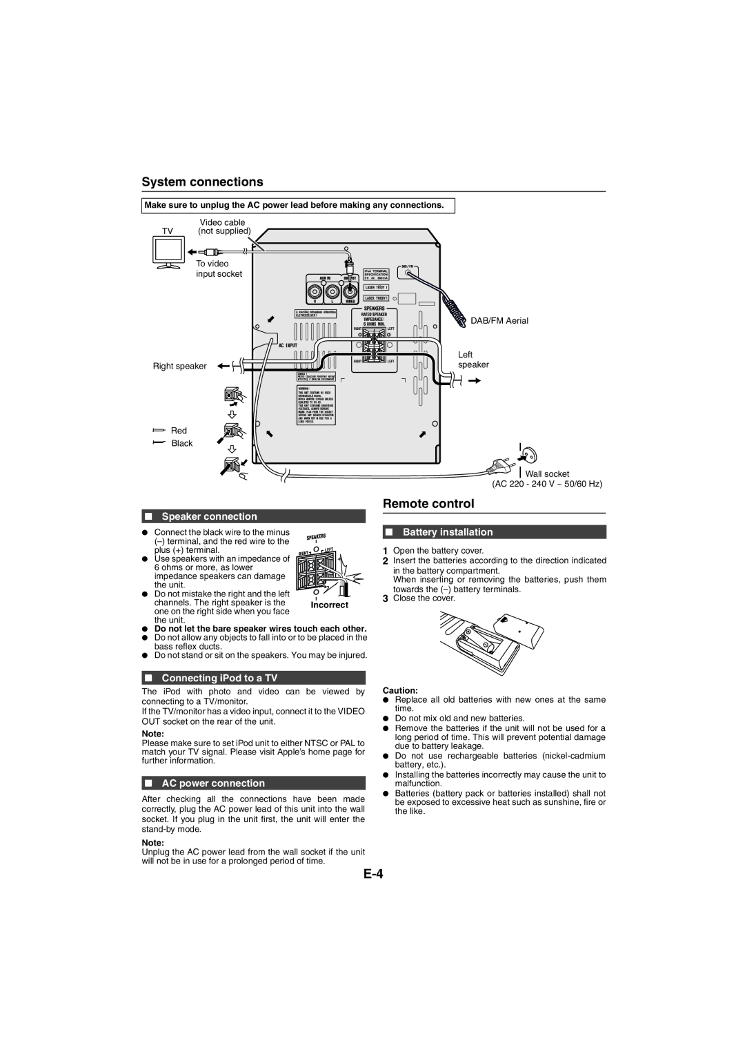 Sharp XL-DAB10NH, XL-DAB20NH operation manual System connections, Remote control 