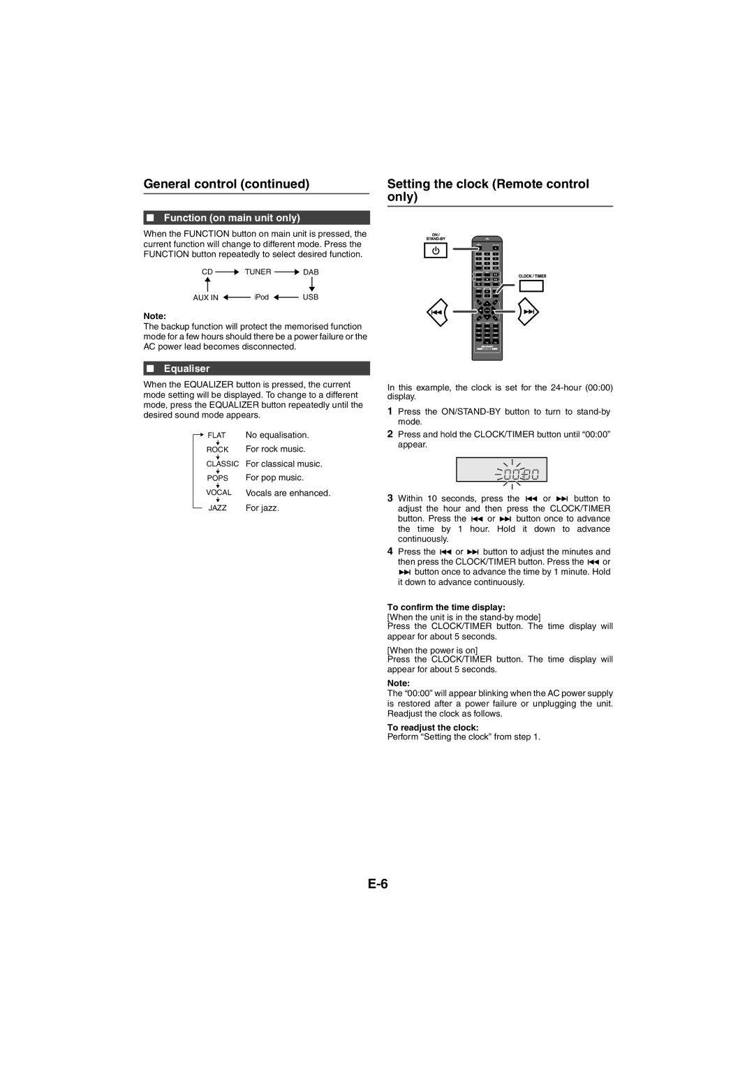 Sharp XL-DAB10NH, XL-DAB20NH General control Setting the clock Remote control Only, Function on main unit only, Equaliser 