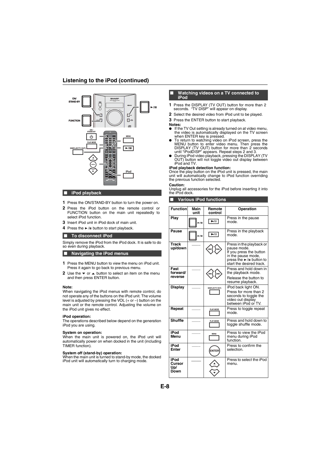 Sharp XL-DAB10NH IPod playback, To disconnect iPod, Navigating the iPod menus, Watching videos on a TV connected to iPod 