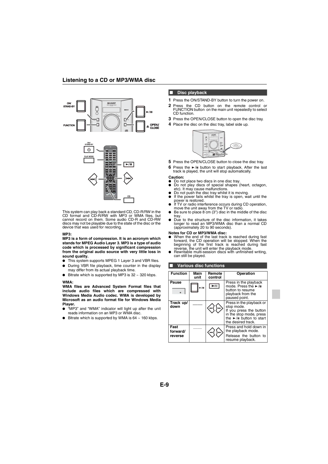 Sharp XL-DAB20NH, XL-DAB10NH operation manual Listening to a CD or MP3/WMA disc, Various disc functions 