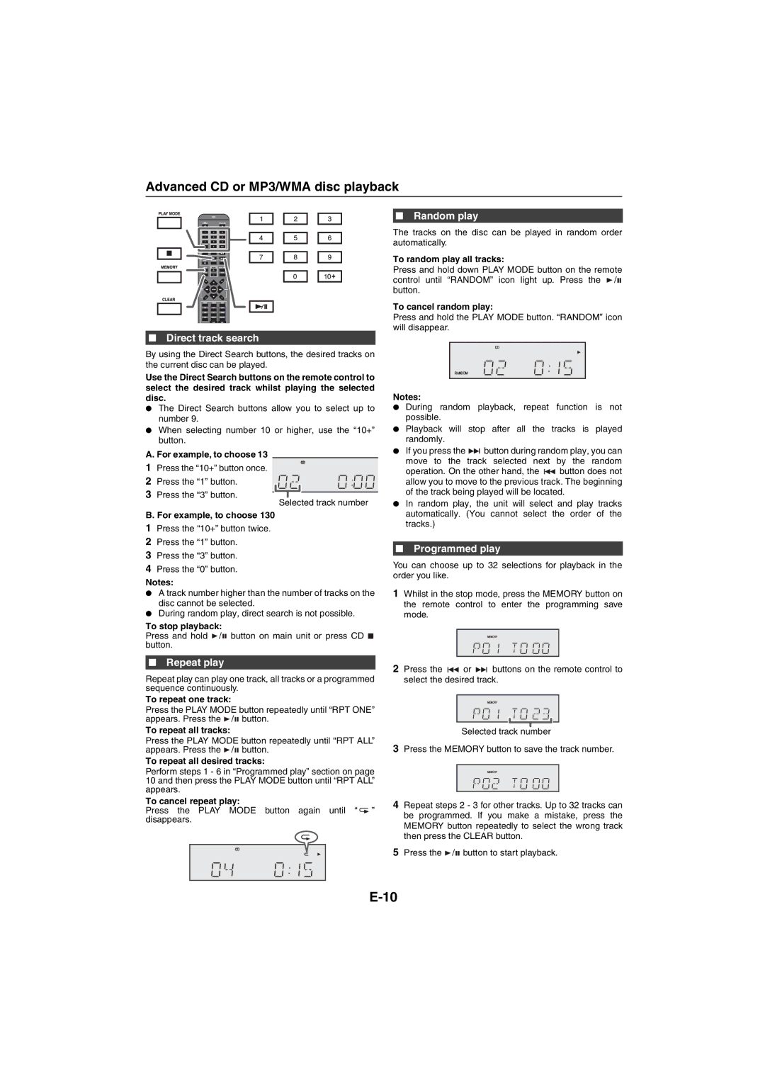 Sharp XL-DAB10NH Advanced CD or MP3/WMA disc playback, Direct track search, Repeat play, Random play, Programmed play 