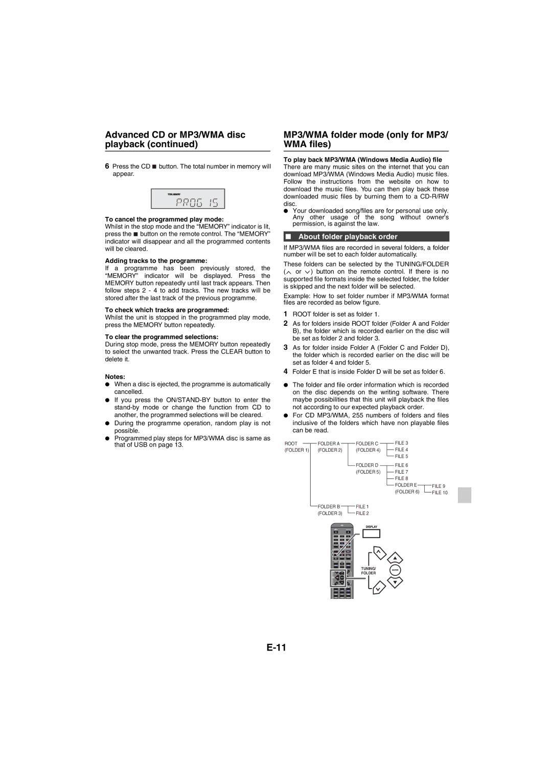 Sharp XL-DAB20NH, XL-DAB10NH operation manual MP3/WMA folder mode only for MP3/ WMA files, About folder playback order 